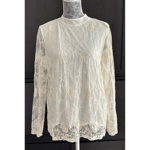 Chico's Boho Ivory Mesh Knit Lace Long Sleeve Embroidered Floral Blouse‎ Size 2